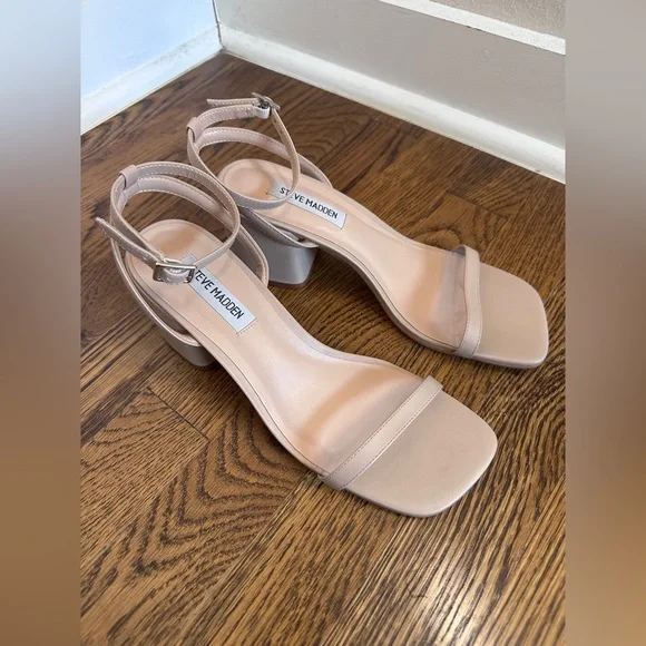 Steve Madden Natural Leather Audrina Nude Ankle Strap Block Heels size 7 - Picture 4 of 5